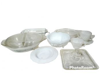 VINTAGE GLASS COOKWARE, PYREX, ANCHOR, FIRE KING,AND OTHERS MILK GLASS & CLEAR GLASS