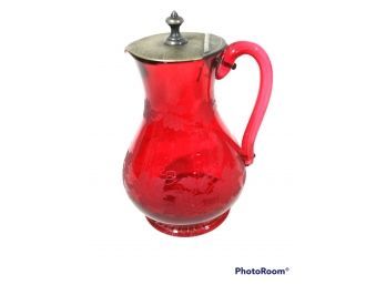 ANTIQUE EARLY (1840-1850) CRANBERRY GLASS SYRUP PITCHER WITH ETCHINGS & ENGRAVINGS BRASS TOP 5.5' TALL