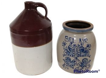 PAIR OF STONEWARE CONTAINERS, BROWN & WHITE JUG & CROCK WITH BEL AIR DECORATION