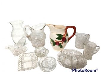 HUGE LOT OF GLASSWARE, PITCHERS, SECTIONAL DISH, CANDY DISH,VASE, & FRANCISCAN WARE APPLE DESIGN PITCHER