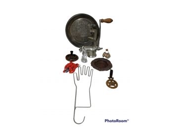 MIX LOT, METAL GLOVE HANGER, NEW ENGLAND FLAKY CRUST TABLE TALK PIE TIN, MEAT GRINDER, METAL ASH TRAY