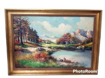 VINTAGE (1971) AUSTRIA FALL LANDSCAPE & CABIN/COTTAGE BY RIVER OIL PAINTING ON CANVAS SIGNED LEWIS 42'X30'