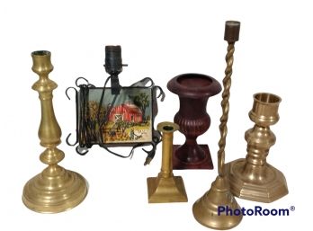 MIX LOT, BRASS CANDLE STICK HOLDERS, FARM HOUSE LAMP, & URN CANDLE HOLDER DECOR