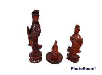 LOT OF 3 HAND CARVED ASIAN WOOD FIGURES WITH BASES