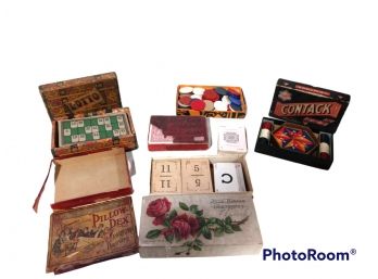 LOT OF VINTAGE CARD GAMES, LOTTO, SHERLOCK HOLMES, CONTACK, COLORED CHIPS, AND MORE