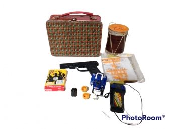 MIX LOT, DECORATIVE METAL LUNCHBOX, TOY DRUM, POLISH POKER CARDS, TOY GUN, BATTLESKIPPER TOY AND MORE