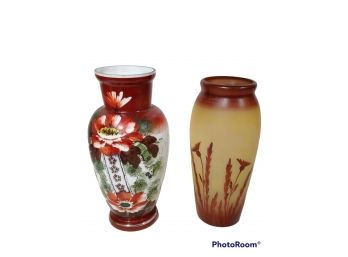 PAIR OF VASES, HAND PAINTED ASIAN VENETIAN GLASS  VASE, & BROWN VASE WITH BROWN FLOWERS