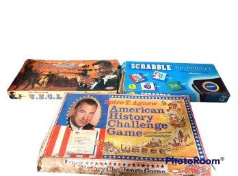 LOT OF 3 BOARD GAMES, THE MAN FROM UNCLE, SCRABLE, SPIRO T. AGNEW AMERICAN HISTORY CHALLENGE GAME