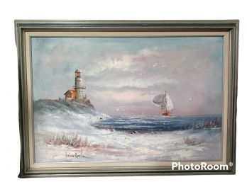 OIL PAINTING ON CANVAS NAUTICAL LIGHTHOUSE & SHIP SIGNED BRIAN ROCHE 42'X30'