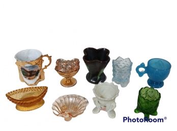 MIX LOT OF ANTIQUE GLASS TOOTHPICK HOLDERS & CUPS, HAND PAINTED, HOBNAIL, GELCIUM