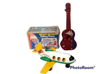 MIX LOT, MICKEY MOUSE TALKING PHONE BY HASBRO, FISHER PRICE LITTLE PEOPLE JET, & SMALL GUITAR DECORATION
