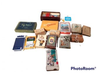 LOT OF VINTAGE CARD GAMES & GAME PIECES, CRAZY EIGHTS, BUNCO, ALICE & WONDERLAND, WHO IS THE THEIF, AC TRUMP