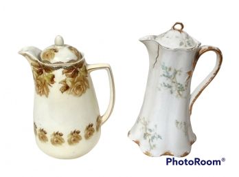 PAIR OF ANTIQUE HAND PAINTED CHOCOLATE PITCHERS, OHME SILESIA & HAVILAND & COMPANY LIMOGES FRANCE