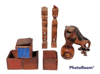 MIX LOT, OCCUPATIONAL THEREPY MILTON BRADLEY WOODEN BOXES, WOOD TOTEM POLE CARVED STATUES, CARVED LION STATUE,