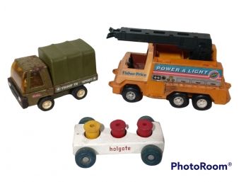 MIX TOY LOT, BUDDY L ARMY TRUCK, FISHER PRICE POWER&LIGHT TRUCK, & HOLGATE WOOD CHILDS TOY
