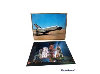 PAIR OF PICTURES OF NASA'S COLUMBIA SPACE SHUTTLE AT LAUNCH AND AT LANDING.  20'X16'