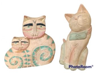 PAIR HAND PAINTED WOODEN FOLK ART SIAMEESE  CAT STATUES HOME DECOR