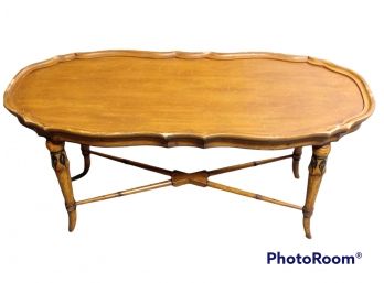VINTAGE 1970'S FAUX BAMBOO TABLE WITH PIE CRUST TOP 42.5'X17'X20'