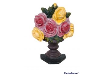 VINTAGE CAST IRON COLORFUL ROSES IN URN DOORSTOP