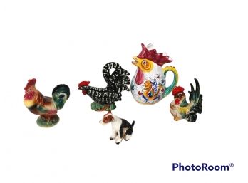 MIX LOT, ROOSTER FIGURES, ROOSTER PITCHER, JACK RUSSEL TERRIER DOG FIGURINE
