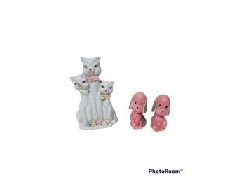 LONG NECK CATS CERAMIC FIGURE, & DROOPY DOG PINK SALT & PEPPER SHAKERS