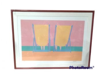 WILLIAM LEE HOLT NUMBERED & SIGNED FRAMED PRINT 'BEACH CHAIRS' 156/190  38'X29'