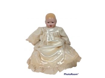 (1990) HAND PAINTED PORCELAIN BABY DOLL IN VICTORIAN DRESS NECK MARKED RM