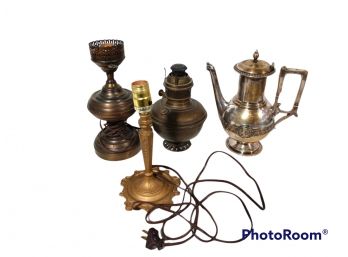 MIX LOT, OIL LAMP CONVERTED TO ELECTRIC LAMP, MID CENTURY CANDLESTICK LAMP, OIL LAMP, VICTORIAN SILVERPLATE