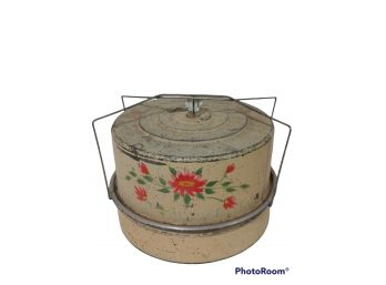 VINTAGE TOLLWARE TIN CAKE CARRIER WITH HAND PAINTED FLOWER MOTIF WITH GLASS KNOB WITH 4PIECE WIRE