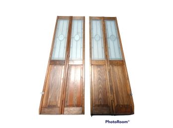 SET OF WALNUT STAINED FROSTED LEAD GLASS FOLDING FRENCH DOORS 76.5'X 24'