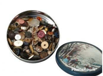LOT OF ANTIQUE BUTTONS IN A SMALL WINTER TIN , BAKELITE, CELLULOID, METAL, & MORE