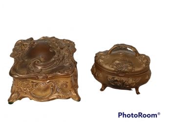 PAIR OF ANTIQUE ART NOUVEAU FOOTED METAL JEWELERY/ TRINKET BOXES/CASKETS WITH RED VELVET LINING CIRCA 1890