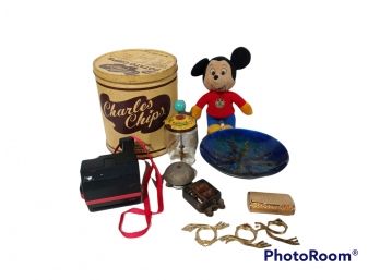 MIX LOT, CHARLES CHIPS POTATO CHIP TIN, MICKEY MOUSE CLUB MICKEY PLUSH, GLASS MIXING JAR WITH LITHO TOP
