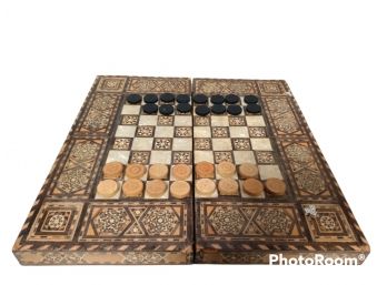 VINTAGE HAND MADE WOOD GAME BOARD WITH MOTHER OF PEARL INLAY, CHECKERS, BACKGAMMON