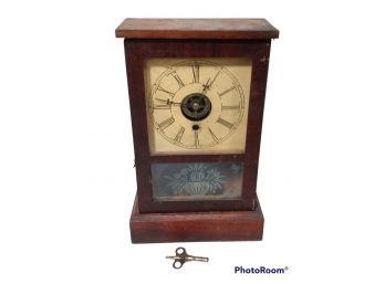 ANTIQUE FROSTED GLASS MANTLE CLOCK WITH KEY,  PARTS OR REPAIR ONLY CLOCK DOES NOT WIND-UP. 11.25'X 7.25'X3.5'