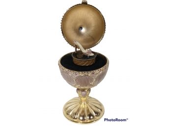 RUE MOLIERE GOLD TONE & CRYSTAL EGG SHAPED MUSIC BOX WITH STILETTO SHOE INSIDE