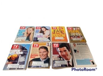 LOT OF 8 TV GUIDE MAGAZINES, LOTS OF ADVERTISMENTS. CHRISTOPHER REEVES, TWIN TOWERS 911, JOHN F. KENNEDY JR.