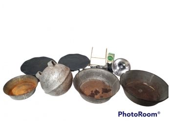 MIX LOT, ANTIQUE METAL BUOY, WROUGHT IRON PLANT STANDS, GALVINIZED STEEL BOWLS, GE SPOT LIGHT, & MORE