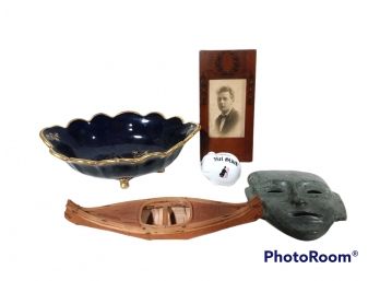 MIX LOT, UNTER WEISS BACH GERMANY COBOLT BLUE DECORATIVE BOWL, ANTIQUE PHOTOGRAPH IN SMALL WOOD PICTURE FRAME,