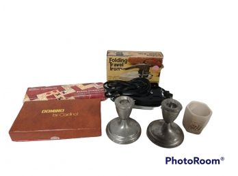 MIX LOT, CARDINAL & WOODEN ANIMAL DOMINOS, EMPIRE PEWTER CANDLE HOLDERS, FOLDING TRAVEL IRON,NASCAR SHOT GLASS