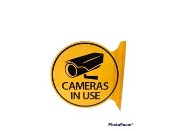 BRIGHT YELLOW CAMERAS IN USE METAL DOUBLE SIDED SIGN  17.75'X18'