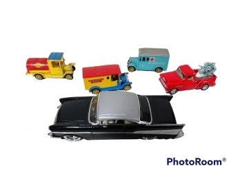 MIX LOT, DIECAST BLACK & WHITE CADILLAC, CLASSIC DELIVERY TRUCKS, RED TRUCK WITH CHRISTMAS TREE