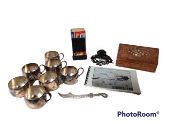 MIX LOT, SILVER PLATE CUPS, MATCH BOX HOLDER WITH MATCHES, POMPEI LETTER OPENER, VINTAGE DIVING LOG BOOK,