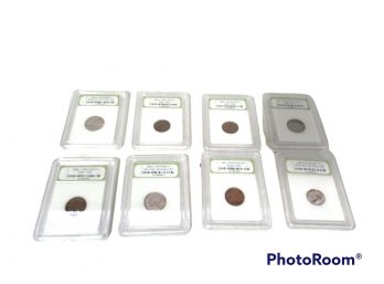 LOT OF 8 US COINS IN HOLDERS, UNCERCULATED JEFFERSON NICKELS, LINCOLN WEAT PENNIES,UNCERCULATED ROOSEVELT DIME