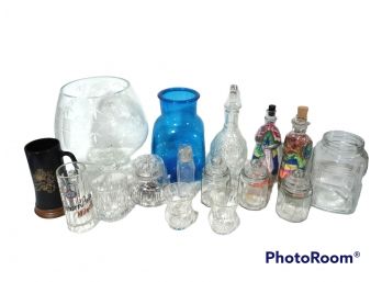 MIX LOT OF GLASS, BEER MUGS, MIXING PITCHER, KITCHEN CANISTERS, SAND ART FIGURAL BOTTLES, GLASSES