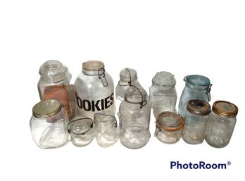 MIX LOT, MASON JARS, ATLAS, COOKIES GLASS JAR, & GLASS CANISTERS