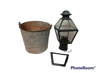 GALVANIZED STEEL USED PAIL, & OUTDOOR ELECTRICAL LAMP