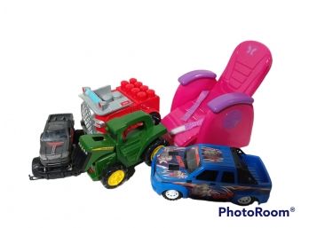 LOT OF CHILDRENS TOYS, DOLL SAFTY CAR SEAT, JOHN DEER PLASTIC TRACTOR, EXCITE EX PLASTIC TRUCK,