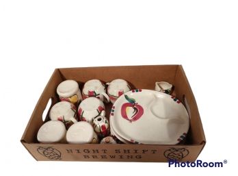 LOT OF PURINTON SLIP WARE HAND PAINTED APPLE & BLOSSOM PLATES AND CUPS AND SALT& PEPPER SHAKERS