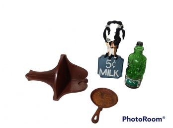 MIX LOT, SMALL UNMARKED CAST IRON PAN, CORNER SHELF, 5 CENT COW MILK SIGN, & POLAND SPRING DISTILLED GIN